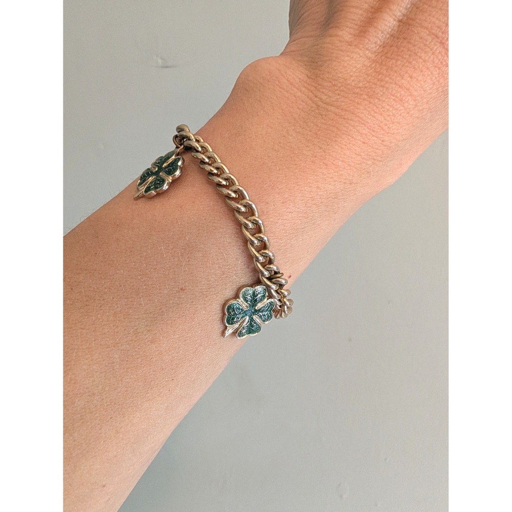 Vintage Mid Century Gold Tone Curb Chain Four Leaf Clover Enamel Charm Bracelet